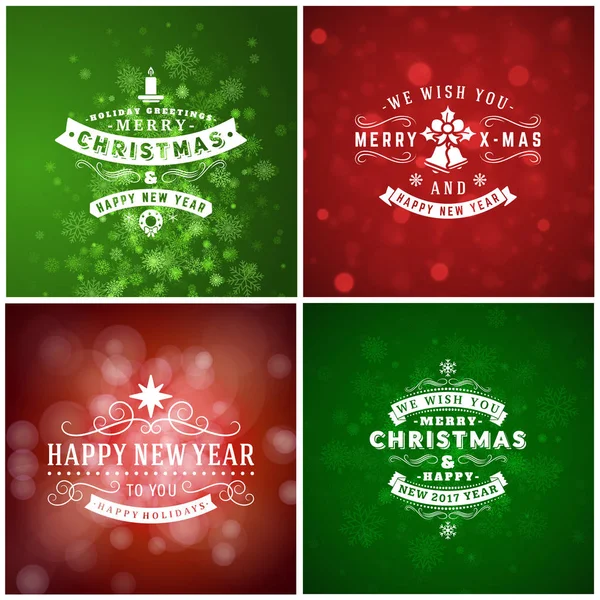 Neşeli Noel ve mutlu yeni yıl dekoratif rozetleri kümesi için tebrik kartları ve davetiyeler. Vektör çizim. Renkli arka plan ile kar taneleri ve ışıklar