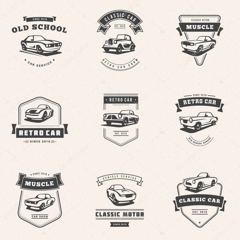 Set of classic car logo, emblems, badges. Service car repair, car restoration and car club design elements. Vector illustration