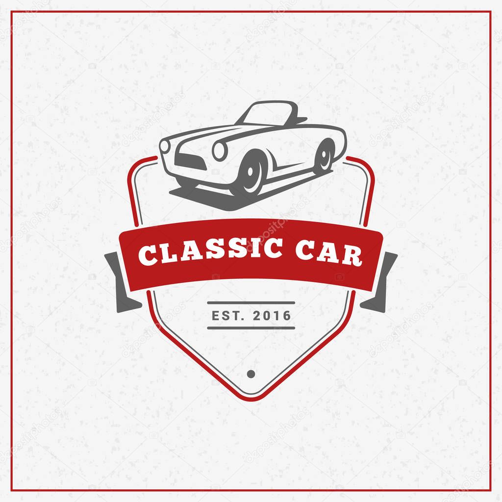 Classic car logo, emblem, badge. Service car repair, car restoration and car club design elements. Vector illustration. Red and gray on light background