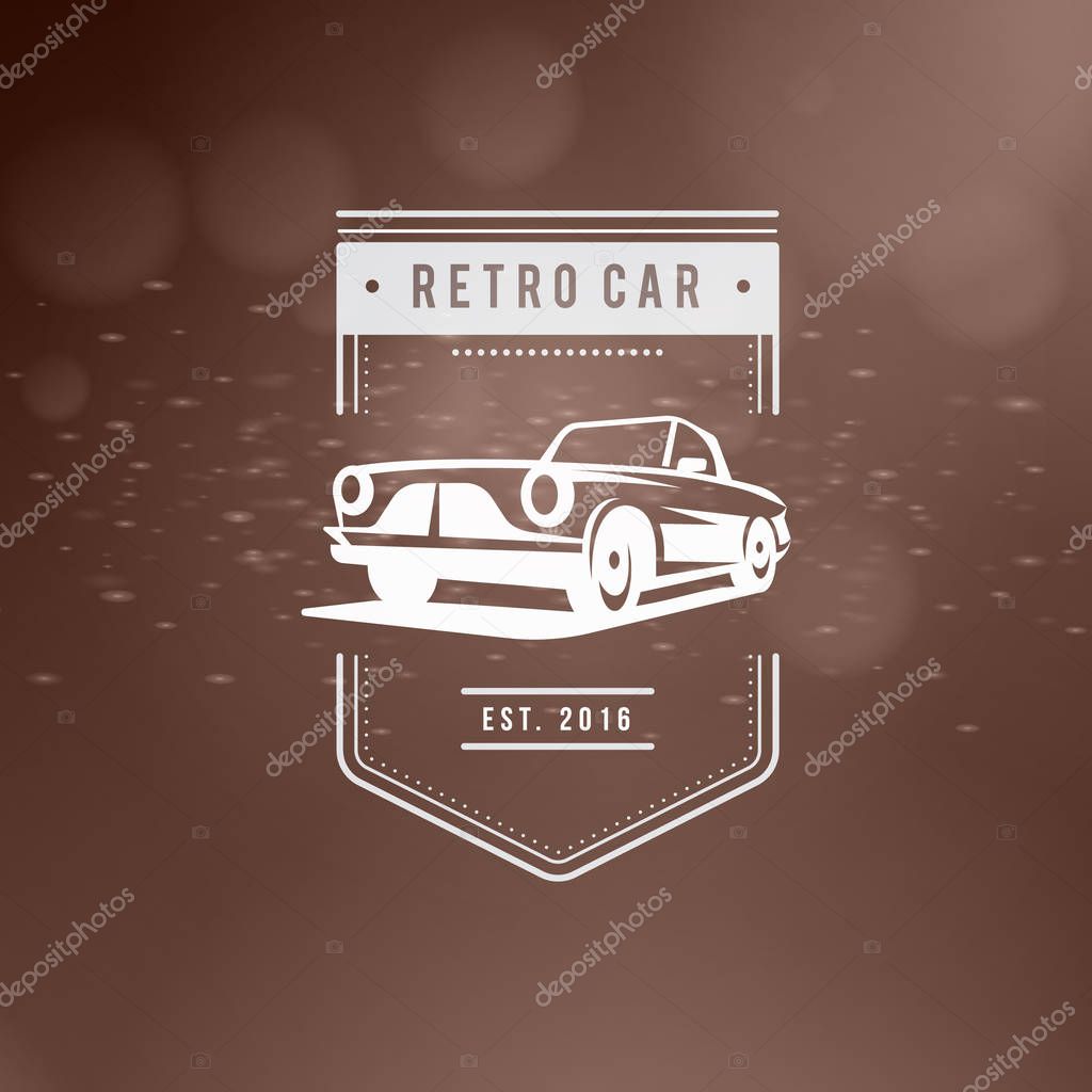 Classic car logo, emblem, badge. Service car repair, racing emblem and car club design elements. Vector illustration. White on abstract color background