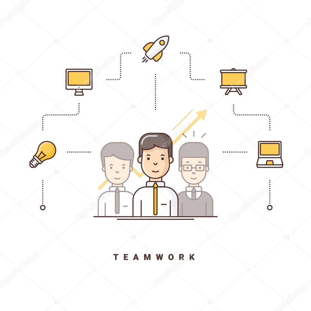 Teamwork. Three cartoon characters standing. Vector illustration with flat line icons