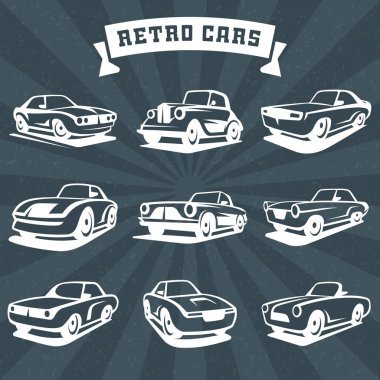 Klasik Otomobil siluetleri kümesi. Retro otomobil tasarım logosu öğeleri. Koyu arka plan üzerine beyaz. Vektör çizim