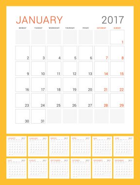 Takvim şablonu 2017 yıl için. Hafta başlıyor Pazartesi. 12 ay kümesi. İleti örneği tasarımı. Vektör çizim