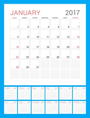 Takvim şablonu 2017 yıl için. Hafta başlar Pazar. 12 ay kümesi. İleti örneği tasarımı. Vektör çizim