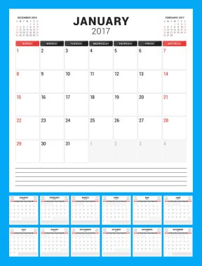 Takvim şablonu 2017 yıl için. Hafta başlar Pazar. 12 ay kümesi. İleti örneği tasarımı. Vektör çizim