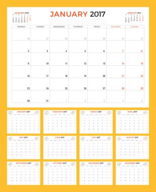 Takvim şablonu 2017 yıl için. Hafta başlıyor Pazartesi. 12 ay kümesi. İleti örneği tasarımı. Vektör çizim