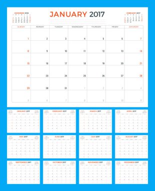 Takvim şablonu 2017 yıl için. Hafta başlar Pazar. 12 ay kümesi. İleti örneği tasarımı. Vektör çizim