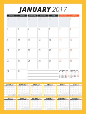 Takvim şablonu 2017 yıl için. Hafta başlıyor Pazartesi. 12 ay kümesi. İleti örneği tasarımı. Vektör çizim