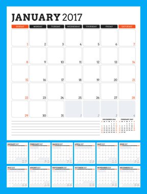 Takvim şablonu 2017 yıl için. Hafta başlar Pazar. 12 ay kümesi. İleti örneği tasarımı. Vektör çizim