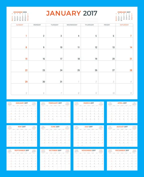 Modèle de calendrier pour 2017 Année. La semaine commence dimanche. Ensemble de 12 mois. Papeterie Design. Illustration vectorielle — Image vectorielle