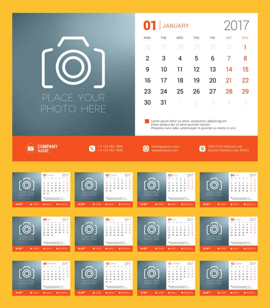 Calendar Template for 2017 Year. Week Starts Monday. Set of 12 Months. Stationery Design. Vector Illustration — Stock Vector