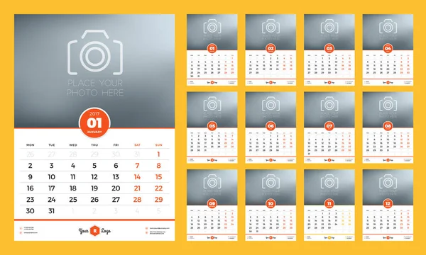 Kalendermall för 2017 år. Veckan börjar måndag. Set med 12 månader. Pappersvaror Design. Vektorillustration — Stock vektor