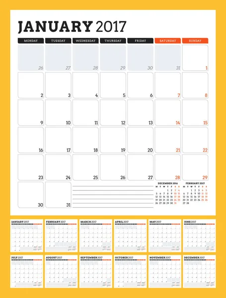 Το πρότυπο ημερολόγιο για το έτος 2017. Εβδομάδα ξεκινά Δευτέρα. Σετ των 12 μηνών. Σχέδιο επιστολόχαρτου. Εικονογράφηση διάνυσμα — Διανυσματικό Αρχείο