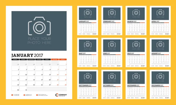 Το πρότυπο ημερολόγιο για το έτος 2017. Εβδομάδα ξεκινά Δευτέρα. Σετ των 12 μηνών. Σχέδιο επιστολόχαρτου. Εικονογράφηση διάνυσμα — Διανυσματικό Αρχείο