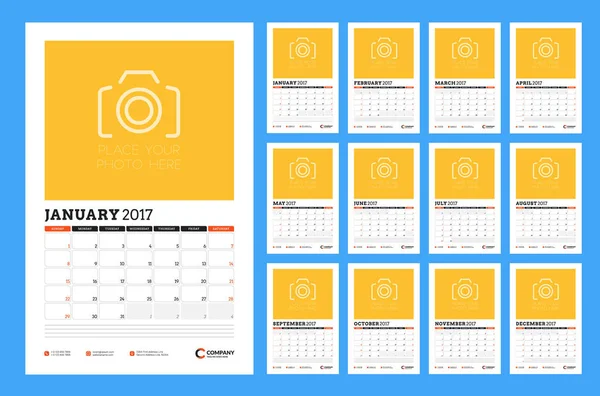 Kalendermall för 2017 år. Veckan börjar söndag. Set med 12 månader. Pappersvaror Design. Vektorillustration — Stock vektor