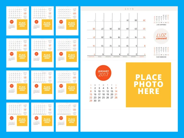 Modello di calendario per l'anno 2017. La settimana inizia domenica. Set di 12 mesi. Progettazione cancelleria. Illustrazione vettoriale — Vettoriale Stock