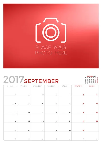 Modèle de planificateur de calendrier mural pour septembre 2017. La semaine commence lundi. Place à la photo. Papeterie Design. Illustration vectorielle — Image vectorielle