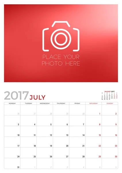 Modèle de planificateur de calendrier mural pour juillet 2017. La semaine commence lundi. Place à la photo. Papeterie Design. Illustration vectorielle — Image vectorielle