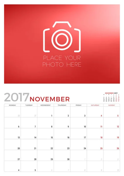 Ścianie kalendarz Planner szablon dla listopada 2017. Tydzień zaczyna się od poniedziałku. Miejsce na zdjęcie. Projektowanie papeterii. Ilustracja wektorowa — Wektor stockowy