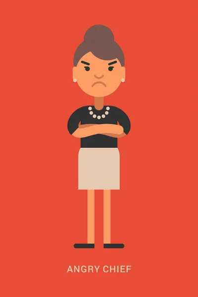 Expressions and emotions.  Angry chief. Angry woman with crossed arms. Flat colored vector illustration on red background