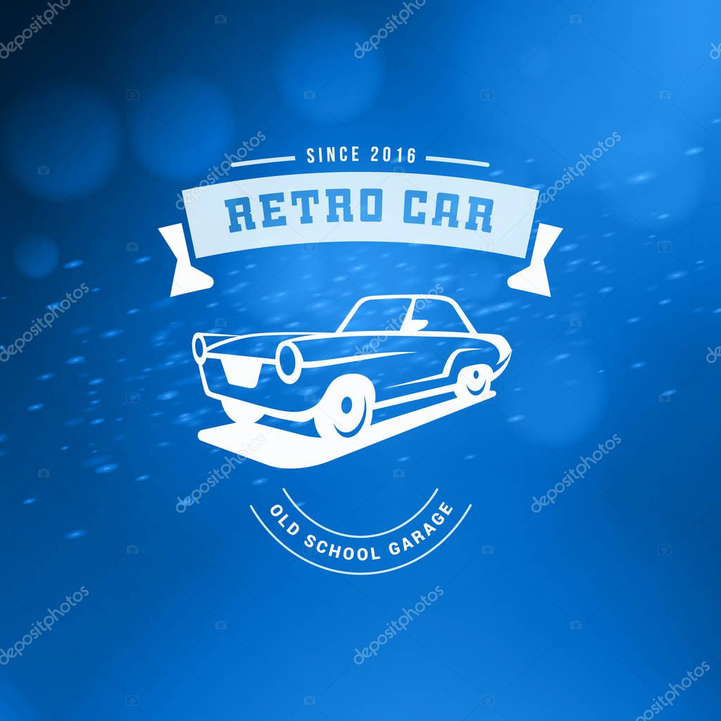 Classic car logo, emblem, badge. Service car repair, racing emblem and car club design elements. Vector illustration. White on abstract color background