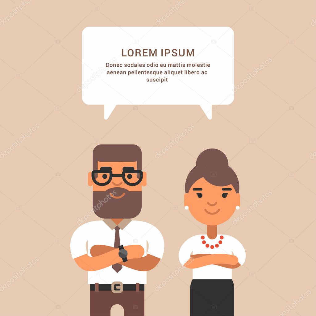 Business woman and man in formal wear with crossed arms.  Web banner. Colred flat vector illustration 