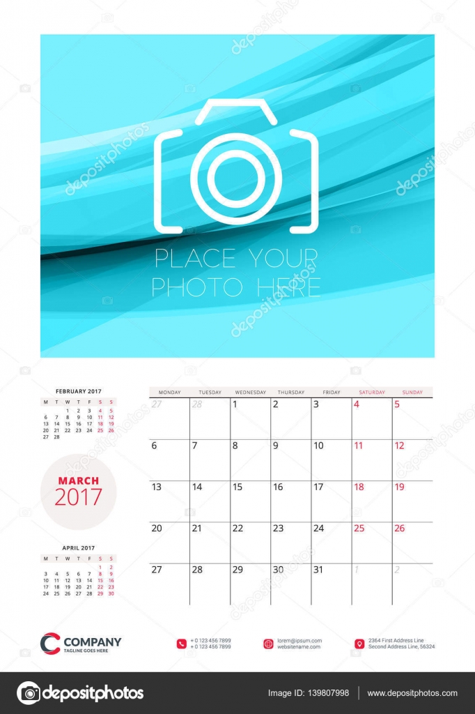 Wall calendar planner template for 2017 Year. March. Vector stationery