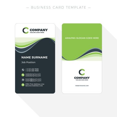 Dikey çift taraflı kartvizit şablonuna soyut dalgalar yeşil ve siyah arka plan ile. Vektör çizim. İleti örneği tasarım