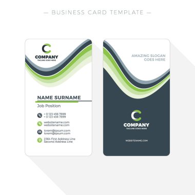 Dikey çift taraflı kartvizit şablonuna soyut dalgalar yeşil ve siyah arka plan ile. Vektör çizim. İleti örneği tasarım