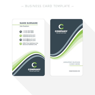 Dikey çift taraflı kartvizit şablonuna soyut dalgalar yeşil ve siyah arka plan ile. Vektör çizim. İleti örneği tasarım