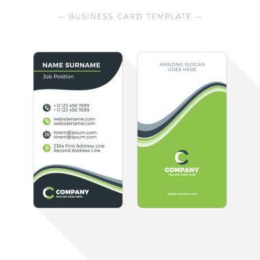 Dikey çift taraflı kartvizit şablonuna soyut dalgalar yeşil ve siyah arka plan ile. Vektör çizim. İleti örneği tasarım