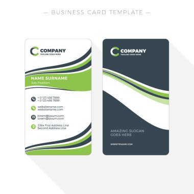 Dikey çift taraflı kartvizit şablonuna soyut dalgalar yeşil ve siyah arka plan ile. Vektör çizim. İleti örneği tasarım
