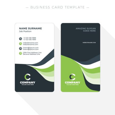 Dikey çift taraflı kartvizit şablonuna soyut dalgalar yeşil ve siyah arka plan ile. Vektör çizim. İleti örneği tasarım