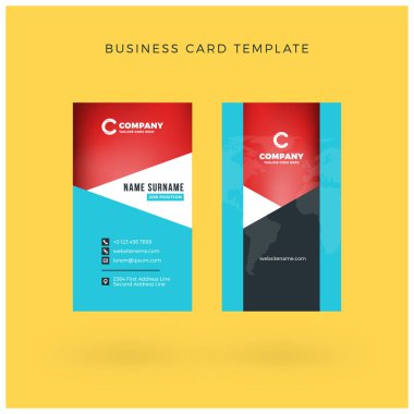 Modern yaratıcı dikey çift taraflı kartvizit şablonu. Düz tasarım vektör çizim. İleti örneği tasarım