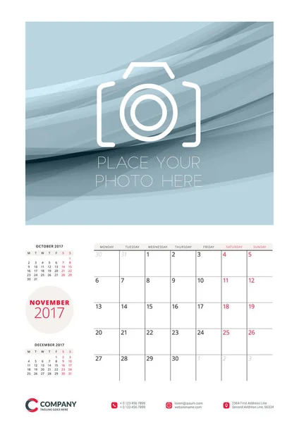 Wandkalender-Planer-Vorlage für 2017 Jahr. November. Vektor Schreibwaren Design-Vorlage. Woche beginnt am Montag — Stockvektor