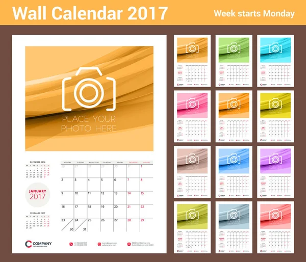 Wandkalender-Planer-Vorlage für 2017 Jahr. Satz von 12 Monaten. Vektor Schreibwaren Design-Vorlage. Woche beginnt am Montag — Stockvektor