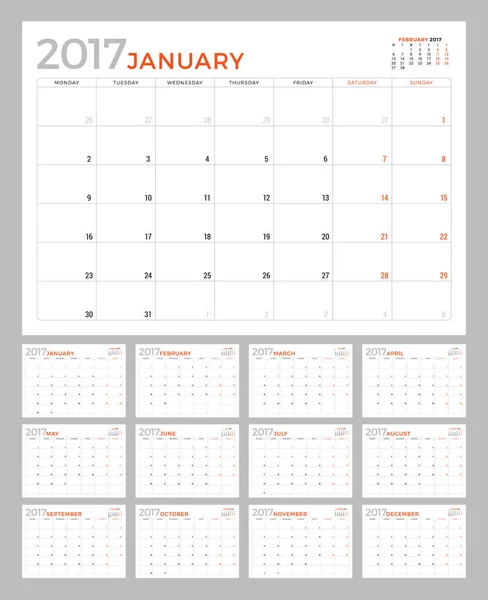 Conjunto de Páginas de Calendario para 2017 Año. Plantilla de diseño vectorial. La semana empieza el lunes. Diseño de papelería — Archivo Imágenes Vectoriales