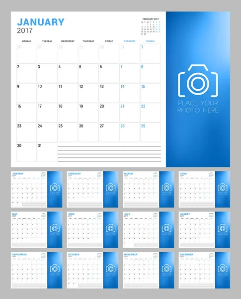 Uppsättning kalendersidor för 2017 år. Veckan börjar måndag. Plats för foto. Pappersvaror Design. Vektorillustration — Stock vektor