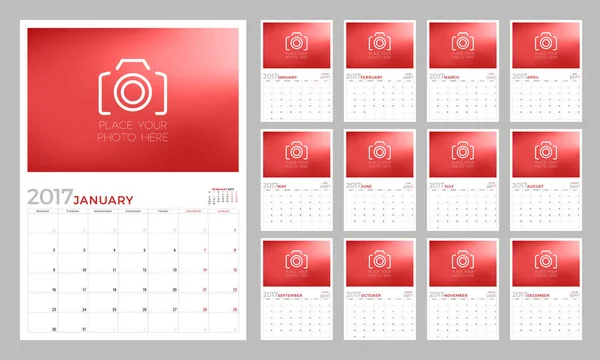 Wandkalender-Planer-Vorlage für 2017 Jahr. Die Woche beginnt am Montag. Platz für ein Foto. Schreibwarendesign. Vektorillustration — Stockvektor