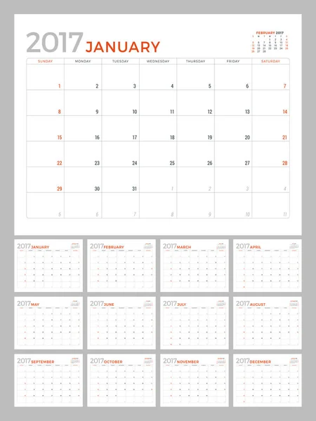 2017 Kalenderplaner Vektor-Design-Vorlage. Satz von 12 Monaten. Woche beginnt am Sonntag — Stockvektor