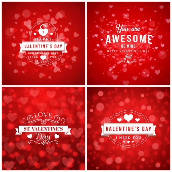 Valentines Day Cards or Poster Design Templates. Typographic Design Elements with Abstract Vector Red Backgrounds — Stock Vector