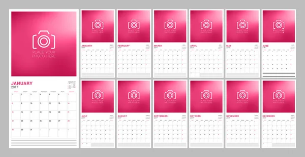 Set of Calendar Pages for 2017 Year with Place for Photo. Week Starts Sunday. Stationery Design. Vector Illustration — Stock Vector