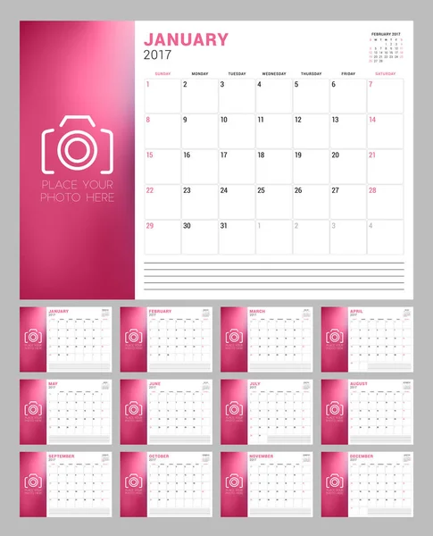 Uppsättning kalendersidor för 2017 år. Veckan börjar söndag. Plats för foto. Pappersvaror Design. Vektorillustration — Stock vektor