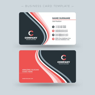 Çift taraflı kartvizit şablonuna soyut dalgalar kırmızı ve siyah arka plan ile. Vektör çizim. İleti örneği tasarım