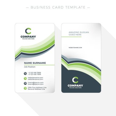 Dikey çift taraflı kartvizit şablonuna soyut dalgalar yeşil ve siyah arka plan ile. Vektör çizim. İleti örneği tasarım