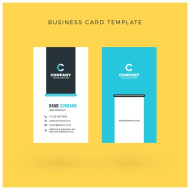 Modern yaratıcı dikey çift taraflı kartvizit şablonu. Düz tasarım vektör çizim. İleti örneği tasarım