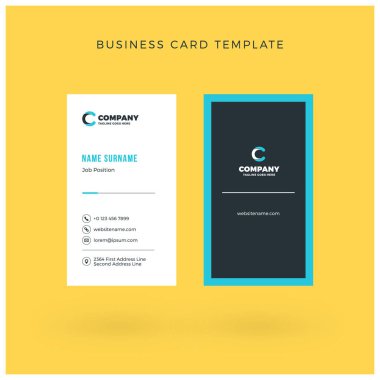 Modern yaratıcı dikey çift taraflı kartvizit şablonu. Düz tasarım vektör çizim. İleti örneği tasarım