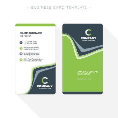 Dikey çift taraflı kartvizit şablonuna soyut dalgalar yeşil ve siyah arka plan ile. Vektör çizim. İleti örneği tasarım