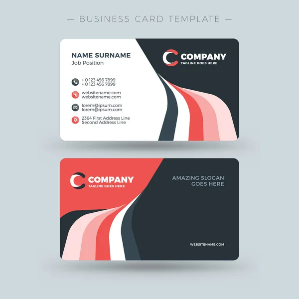 Double-sided Business Card Template with Abstract Red and Black Waves Background. Vector Illustration. Stationery Design — Stock Vector