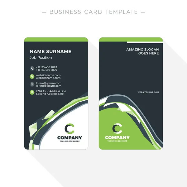 Vertikale doppelseitige Visitenkartenvorlage mit abstrakten grünen und schwarzen Wellen Hintergrund. Vektorillustration. Schreibwarendesign — Stockvektor